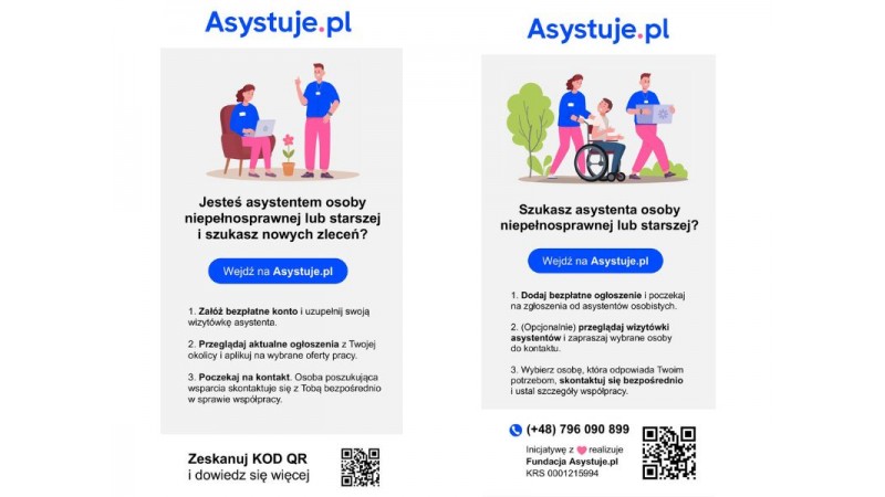 Grafika promocyjna serwisu Asystuje.pl podzielona na dwie części: dla asystentów i dla osób poszukujących wsparcia. Zawiera ilustracje m.in. osobę na wózku inwalidzkim, krótkie instrukcje, numer telefonu i kody QR